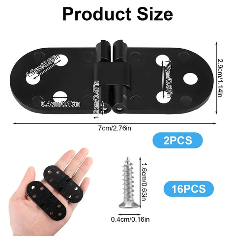 Rock Solid 2 Piece 180 Degree Flip Top Hinges For Folding Tables, Heavy Duty Corrosion Resistant Zinc Alloy Drop Leaf Hardware, No Sweat DIY Furniture Fix And Cabinet Refresh For Your Place with measurements shown.