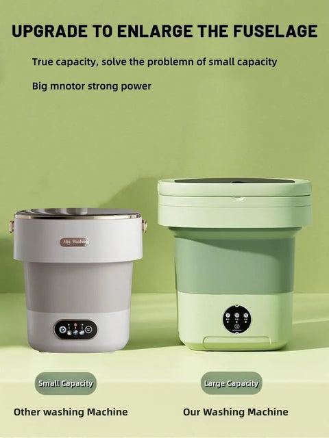 No Drama Portable Washing Machine 20L Capacity Lightweight Mini Washer comparison image showing two sizes for dorms and apartments.