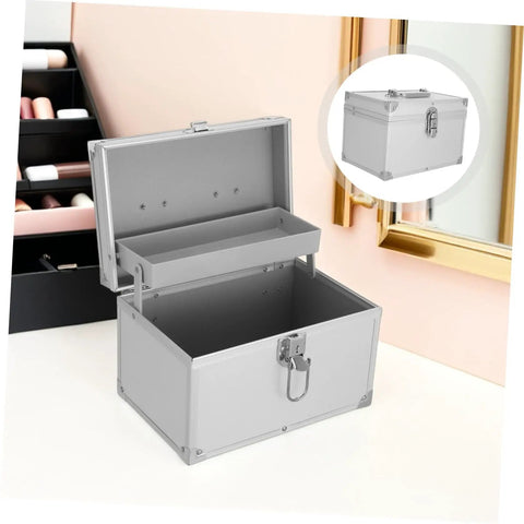 Lockable Aluminum Tool Box With Handle Beefed Up Heavy Duty Impact Resistant Double Layer Storage Case Silver Alloy