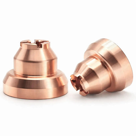 Copper drag shields from 40A Plasma Cutter Tips Drag Shields and Electrodes Kit for XT40 Torch and Hobart Airforce 40i.