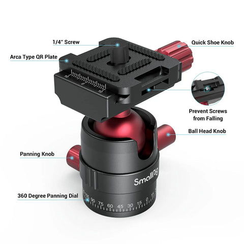 360 Degree Panoramic Ball Head With 1/4 Inch Quick Shoe Plate showing panning dial and quick shoe knob for tripods