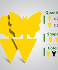 Ultra Thick Yellow Sticky Traps For Fruit Flies And Fungus Gnats With 48 Pack showing yellow butterfly and flower shapes.