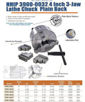 4 Inch 3-Jaw Lathe Chuck Plain Back Hardened Semi-Steel With Wrench Includes 2 Sets Of Hardened Jaws Internal And External Center Hole.866