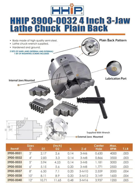 4 Inch 3-Jaw Lathe Chuck Plain Back Hardened Semi-Steel With Wrench Includes 2 Sets Of Hardened Jaws Internal And External Center Hole.866