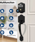 Fingerprint Front Door Lock With Deadbolt, Keyless Entry System Featuring Code, Fingerprint And Key Access, IP65 Weatherproof Alloy Digital Door Lock For Residential Front Door on white door with features list.