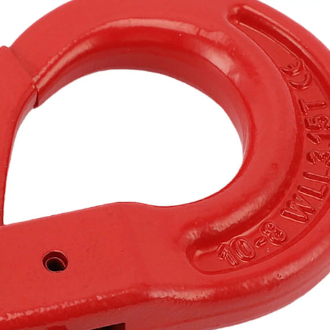 Close-up of red G80 Alloy Steel Clevis Slip Hook With Locking Pin, Heavy Duty 3.15 Ton Load Limit Safety Chain Hook for winches.
