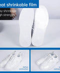 Solid Pack Of Two Hundred Four By Six Heat Shrink Bags Pulling Off A Knockout Tight Seal For Books And Bath Bombs Durable Food Grade Plastic Wrap For Everyday DIY on white shoes before and after shrinkage.