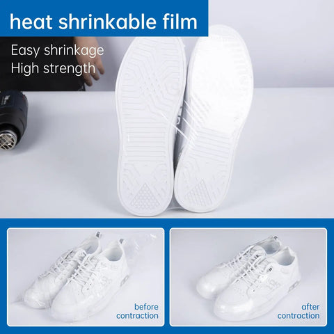 Solid Pack Of Two Hundred Four By Six Heat Shrink Bags Pulling Off A Knockout Tight Seal For Books And Bath Bombs Durable Food Grade Plastic Wrap For Everyday DIY on white shoes before and after shrinkage.