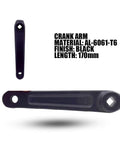 Black AL-6061-T6 crank arm, 170mm length, part of 52T 130BCD Crankset For City And Folding Bikes, 170mm Crank Arm, Square Taper, Fits 9 16 Inch Pedals, 45mm Chain Line, Durable Upgrade For Commuter Riders On Everyday City Streets. Product photo showing the black finish and material details next to upright crank arm.