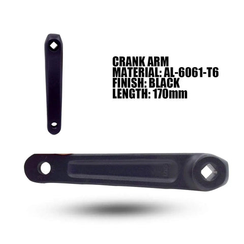 Black AL-6061-T6 crank arm, 170mm length, part of 52T 130BCD Crankset For City And Folding Bikes, 170mm Crank Arm, Square Taper, Fits 9 16 Inch Pedals, 45mm Chain Line, Durable Upgrade For Commuter Riders On Everyday City Streets. Product photo showing the black finish and material details next to upright crank arm.