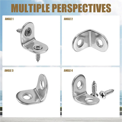Rock Solid L Corner Brackets 100 Pack Stainless Steel With Screws For Wood Furniture Cabinets And Shelves shown from multiple angles.