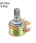 Close-up of a 10K Ohm Dual Turn Rotary Potentiometer, with knurled shaft, metal housing, and solder terminals for electronics projects.
