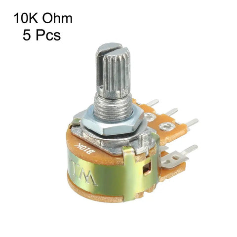 Close-up of a 10K Ohm Dual Turn Rotary Potentiometer, with knurled shaft, metal housing, and solder terminals for electronics projects.
