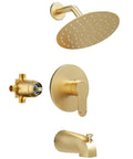 Fresh Gold Tub And Shower Faucet Fixture Set Featuring Dope Six Inch Rain Shower Head Plus Top Shelf Solid Brass Valves for a refined bathroom upgrade.