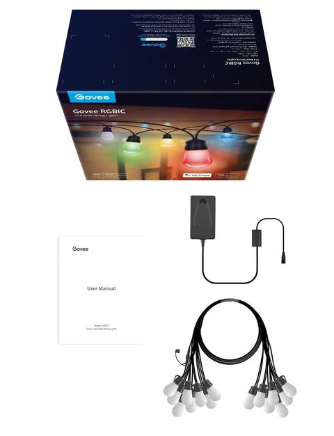 Packaging and contents of 48 Ft RGBIC Outdoor String Lights With 15 Dimmable LEDs IP65 Waterproof Color Changing Warm White 47 Scene Modes