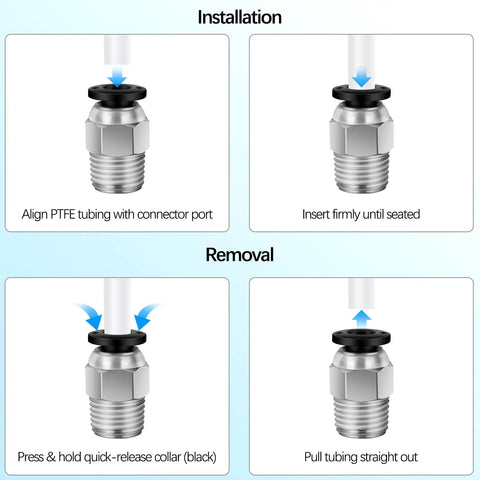 Diagram showing installation and removal process for Bowden Tube Kit For 1.75mm Filament, 2 Meter PTFE Tube with pneumatic fittings.