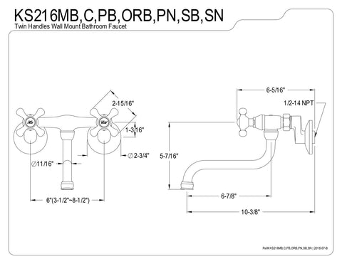 Technical diagram of Two Handle Wall Mount Bathroom Faucet In Polished Nickel With Drip Free Ceramic Disc Cartridge