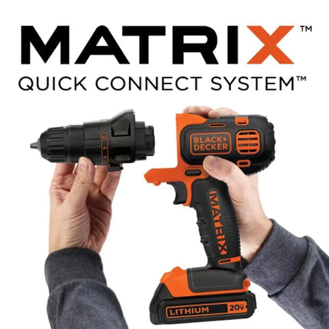 Hands holding 20V Max Matrix Cordless Drill And Driver Kit With Battery Included, showcasing the Quick Connect System.