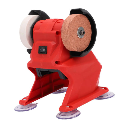 Compact Mini Bench Grinder With Powerful All Copper Motor Fast Polisher And Small Electric Sander For Home Jobs Stable Operation Versatile Workstation Tool front view with red plastic body and corundum wheels.