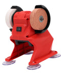 Heavy-Duty Mini Bench Grinder With 3mm Metal Guard Corundum Wheels for polishing and sharpening, compact red design with dual wheels.