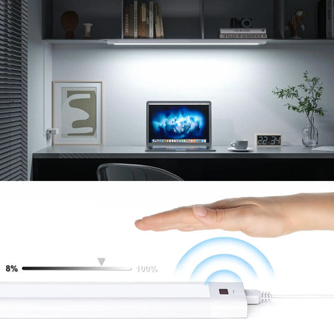 Plug In 24 Inch Under Cabinet Light Bar With Wave Sensor under shelf, touchless dimming, 1400 lumen LED strip, color tunable, white panel