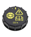 Brake Fluid Reservoir Cap and Anti Spill Cover for Ford Focus, Mondeo, C-Max, and S-Max, OE 1831528 BV612162AB, black plastic cap with yellow symbols