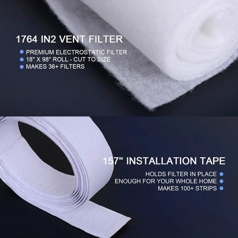 Complete Air Vent Filter Kit For Your HVAC And Home Ducts with 98 x 18 electrostatic media roll and 157 inch installation tape.