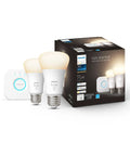 White Smart Light Starter Kit With Bridge And Two 75W A19 E26 LED Soft White Bulbs So You Control It From The App And It Plays Nice With Alexa Google Assistant And Apple HomeKit shown