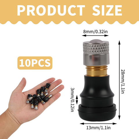 Product size chart showing Tubeless Tire Valve Stems For Electric Scooters Ten Pack with dimensions and 10 tubes in hand.