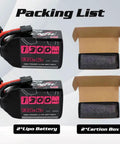 Packing list with two 1300mAh 6S LiPo Battery Packs with XT60 plugs and two carton boxes visible.