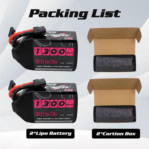 Packing list with two 1300mAh 6S LiPo Battery Packs with XT60 plugs and two carton boxes visible.