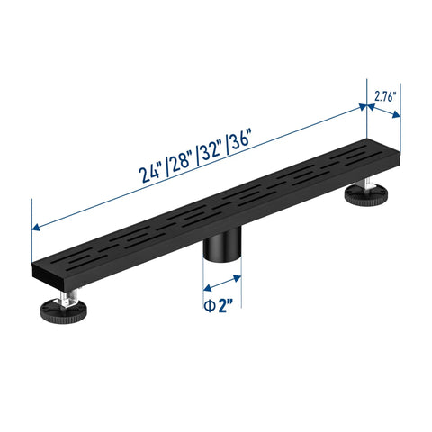 24 Inch Matte Black Linear Shower Drain With Bold Brick Pattern Grate And Quick Release V Channel for easy installation and smooth draining.
