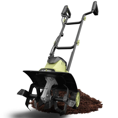 Electric Tiller Cultivator 14 Inch With Folding Handle, 12 Amp Corded Garden Rototiller on soil, steel tines visible