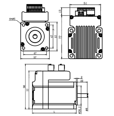 Beefy Torque 57x57mm Frame Nema 23 Closed Loop Stepper Motor 1.2Nm 4A 36V DC 2 Phase With 8mm Shaft For 3D Printers CNC Machines And Smooth Rock Solid Motion. Technical dimension drawing of NEMA 23 motor