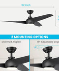 52 Inch Black Ceiling Fan With Lights And Remote, 3 Blades, 2 Mounting Options, Dimmable LED, Indoor Outdoor Use