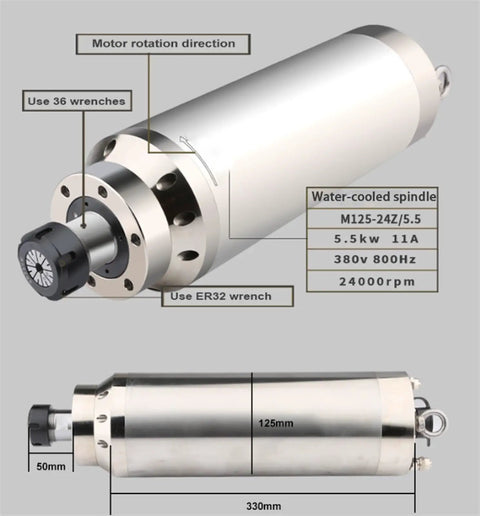 Heavy Duty Pro Grade 5.5KW Water Cooled CNC Spindle Motor 125mm Diameter 380V 11A 24000 RPM With ER32 Chuck And YD284 Aviation Plug For Milling And Grinding In Shops And Garages