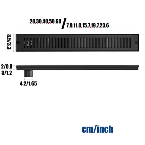 Slick Stainless Steel Linear Shower Drain With Heavy Duty Hair Catcher For Bathroom Floors And Basement Areas featuring precise dimensions and design details.