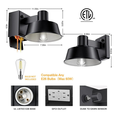 Diagram of Two Pack Dusk To Dawn Outdoor Porch Light With Built In GFCI Outlet showing dimensions and components.