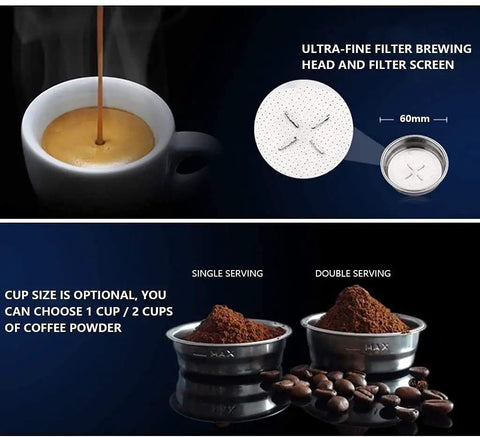 Image showing espresso being brewed with ultra-fine filter and coffee powder options for Semi Automatic Espresso Machine With 15 Bar Pressure, Fast Heating, Milk Frother Wand, 1.4L Water Tank, Red Coffee Maker For Espresso, Cappuccino, And Latte Macchiato, Safe Temperature Control.