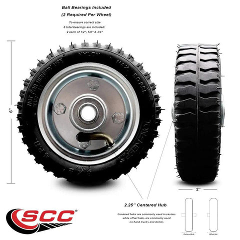 Top Shelf 6 X 2 Pneumatic Replacement Wheel Assembly Featuring 2.25 Centered Hub and Hella Smooth Ball Bearings for Tough Outdoor Cart and Cargo Transporting, showing detailed wheel structure.