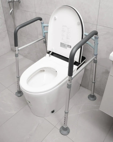 Adjustable Foldable Toilet Safety Rails For Seniors Handicap Users Straight Up Strong Aluminum Grab Bar With No Sweat Quick Mount