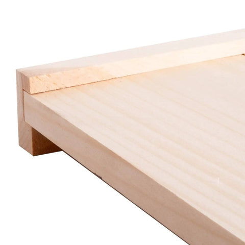 Corner view of Solid Pine Base For 8-Frame Beehive Beekeeping Stand, Assembled And Amish Made In USA, heavy duty, natural wood finish