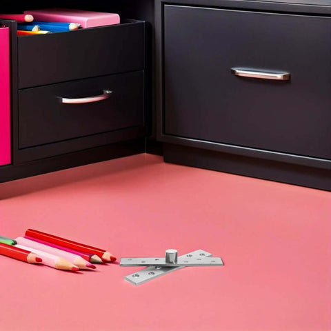 Six Pack 360 Degree Concealed Door Pivot Hinges For Wood Cabinets on a pink surface near colored drawers and pencils.