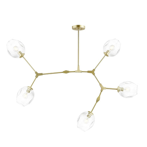 Matte Gold Five Light Adjustable Chandelier Pendant With Clear Glass Shades, modern ceiling fixture with glass bulbs