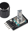 Six Piece KY 040 Rotary Encoder Module Kit With Knob Cap 360 Degree Detent Encoder Push Button Reset 5V Powered Includes Breadboard Wires And Ribbon Cables For Easy Prototyping. Image shows rotary encoder with knob cap. Focus keyword included.