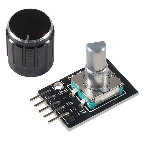 Six Piece KY 040 Rotary Encoder Module Kit With Knob Cap 360 Degree Detent Encoder Push Button Reset 5V Powered Includes Breadboard Wires And Ribbon Cables For Easy Prototyping. Image shows rotary encoder with knob cap. Focus keyword included.