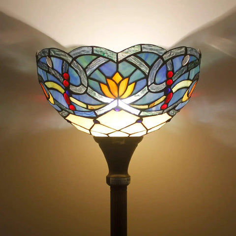 Blue Lotus Tiffany Floor Lamp With Stained Glass Shade 12 Inch Wide 71 Inch Tall Torchiere Standing Corner Uplight