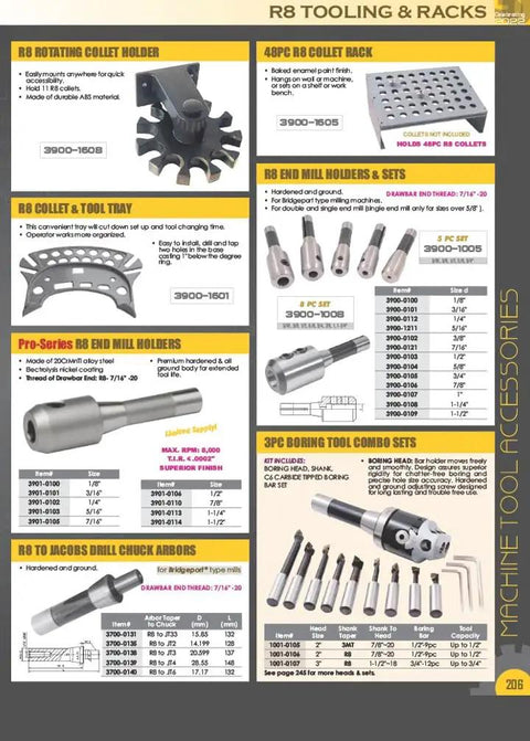 R8 Tooling and Racks display featuring collet holders, end mill holders, and R8 Round Collet Set 3 To 20 Mm 10 Piece Pro Grade Hardened Tool Steel Precision Ground Collets For Milling And Lathe Built To Last With Full Size Range And Tight Tolerances