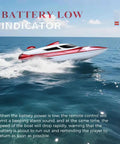Beast Speed Remote Control Boat With Self Righting And LED Lights for lakes and rivers, showing battery low indicator on water