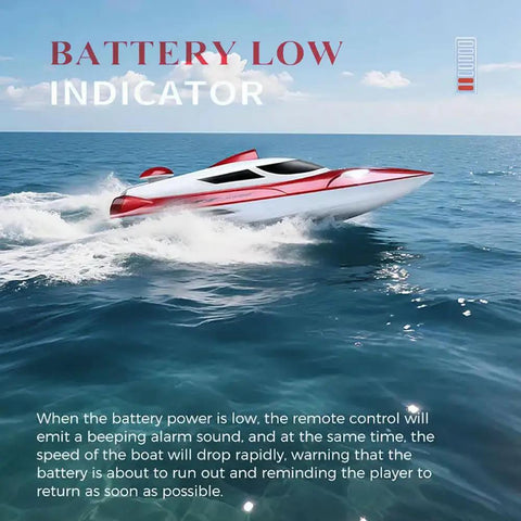 Beast Speed Remote Control Boat With Self Righting And LED Lights for lakes and rivers, showing battery low indicator on water